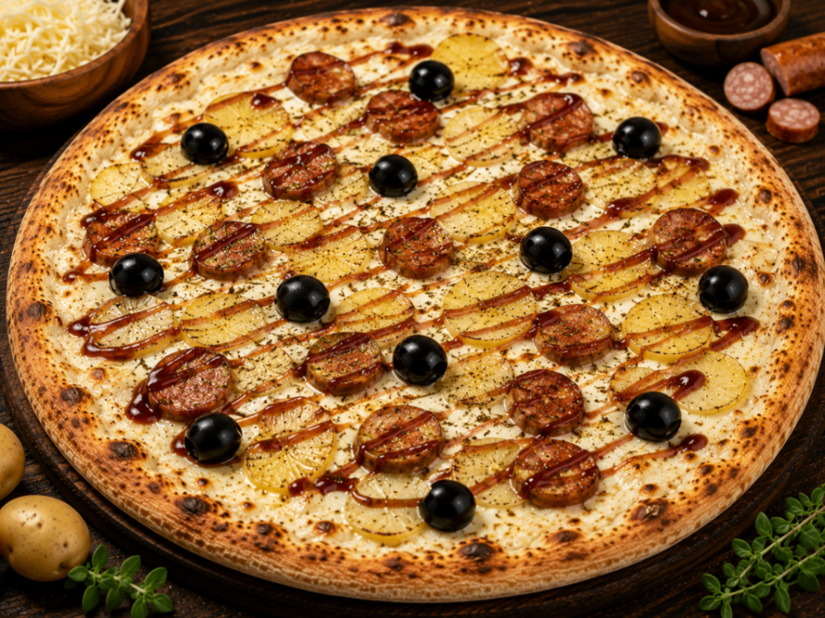 Mexicaine — Crème fraîche, fromage, merguez, sauce barbecue, pomme de terre, origan, olives